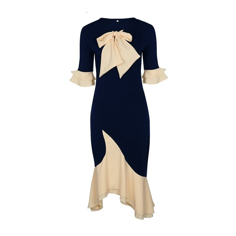 Ruffled Tie-Neck Mermaid Patchwork Party Dress