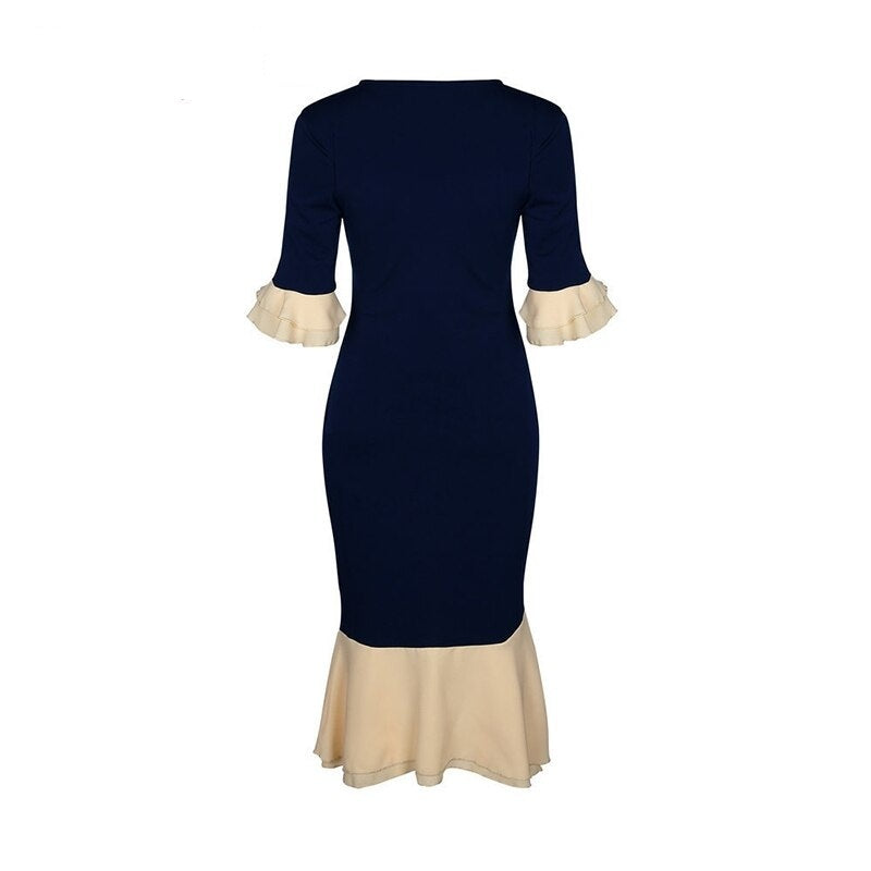 Ruffled Tie-Neck Mermaid Patchwork Party Dress