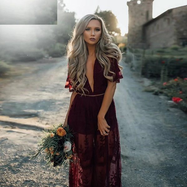 See Through Lace High Waist V-neck Maxi Long Dress