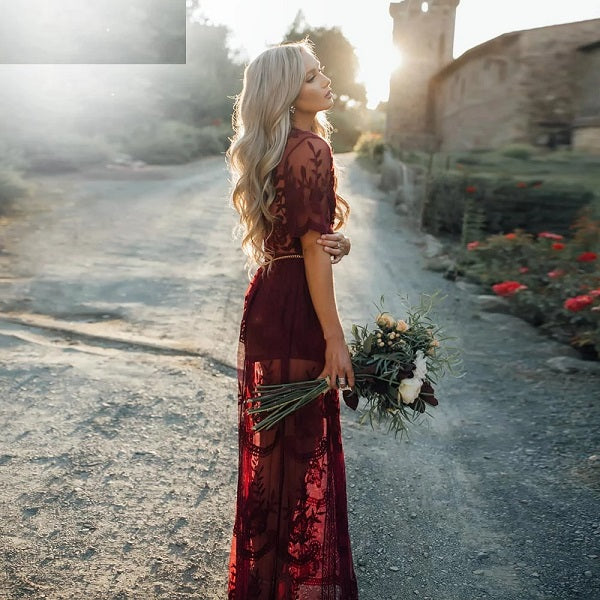 See Through Lace High Waist V-neck Maxi Long Dress