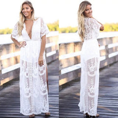 See Through Lace High Waist V-neck Maxi Long Dress