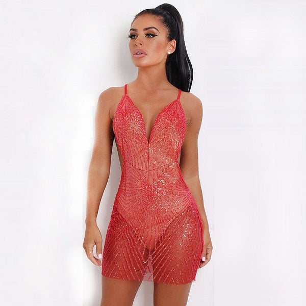 Sequins V Neck Backless Sheer Slip Dress
