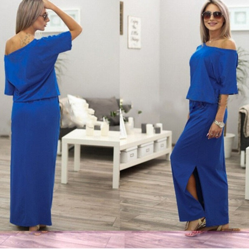Short Sleeve Side Slit Loose Evening Party Long Boho Maxi Dress