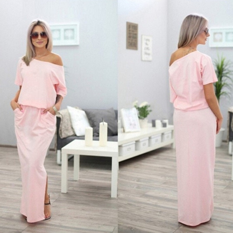 Short Sleeve Side Slit Loose Evening Party Long Boho Maxi Dress