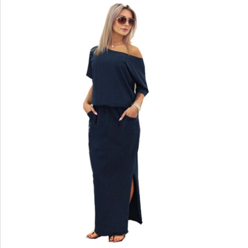 Short Sleeve Side Slit Loose Evening Party Long Boho Maxi Dress