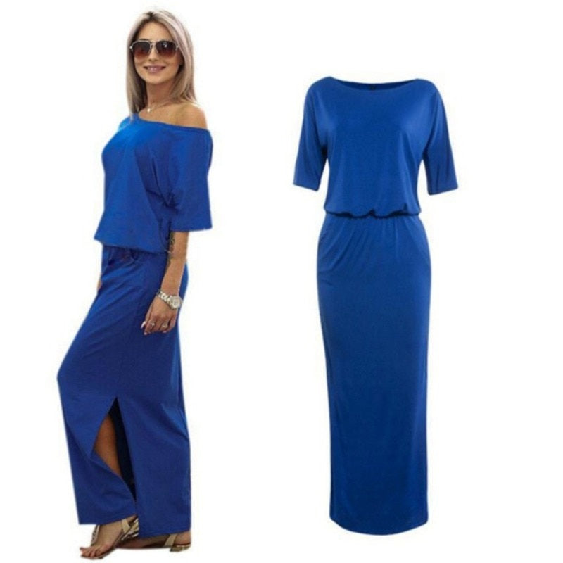 Short Sleeve Side Slit Loose Evening Party Long Boho Maxi Dress