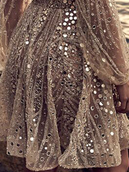 Geometric Polyester V-Neck Sequins Fit And Flare Mini Dress