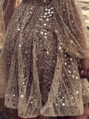 Geometric Polyester V-Neck Sequins Fit And Flare Mini Dress