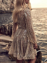 Geometric Polyester V-Neck Sequins Fit And Flare Mini Dress