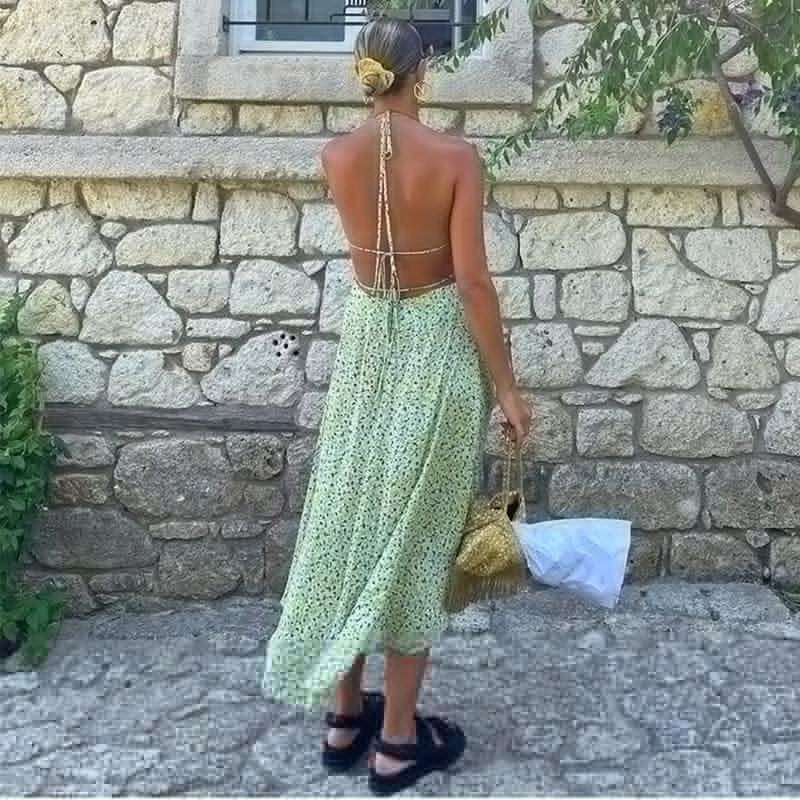 Sleeveless A-line Halter Backless Boho Dress