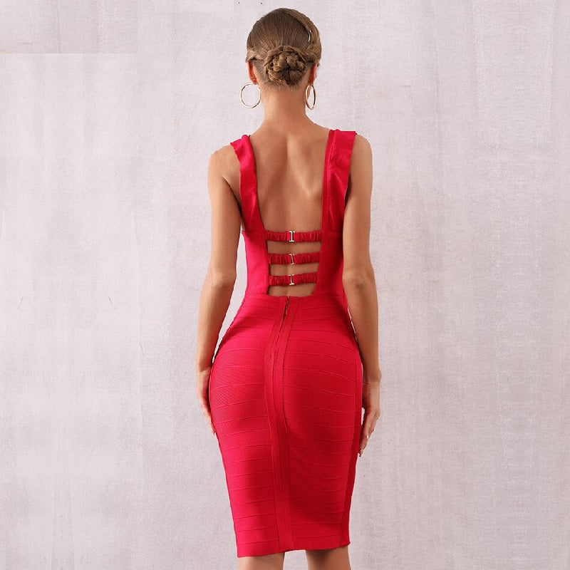 Sleeveless Ruffles Hollow Out Midi Club Celebrity Party Dress