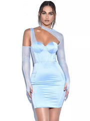 Sloping Shoulders Long Sleeve Mesh Dress