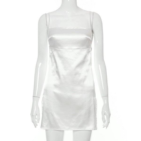 Solid Color Backless Bandage Side-slit Satin Mini Dress