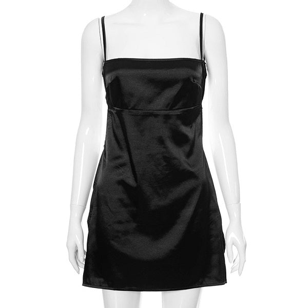Solid Color Backless Bandage Side-slit Satin Mini Dress