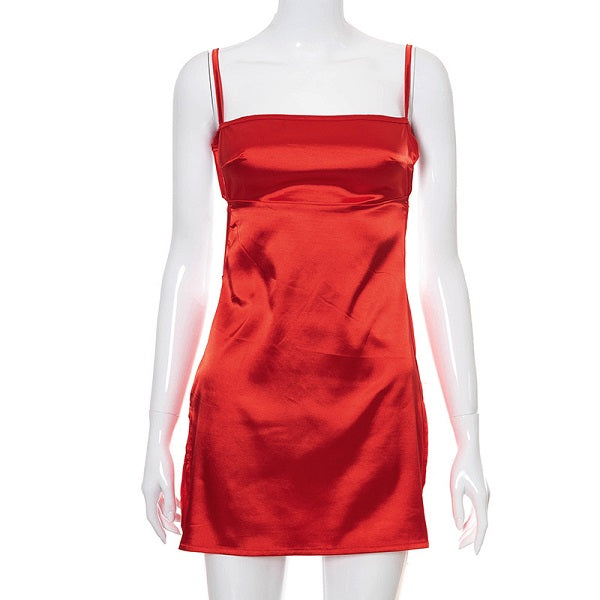 Solid Color Backless Bandage Side-slit Satin Mini Dress