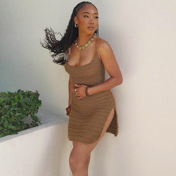Solid Color Backless Knitted High Waist Dress