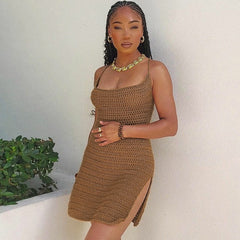 Solid Color Backless Knitted High Waist Dress