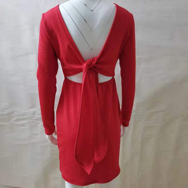 Solid Color Long Sleeve Backless Mini Dress