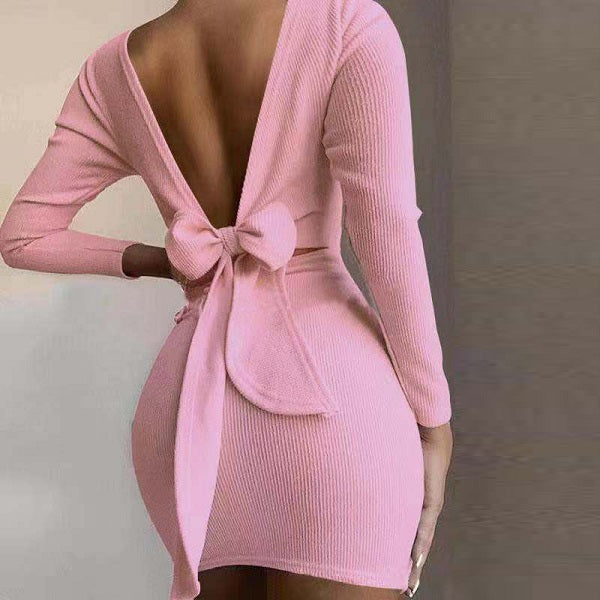 Solid Color Long Sleeve Backless Mini Dress