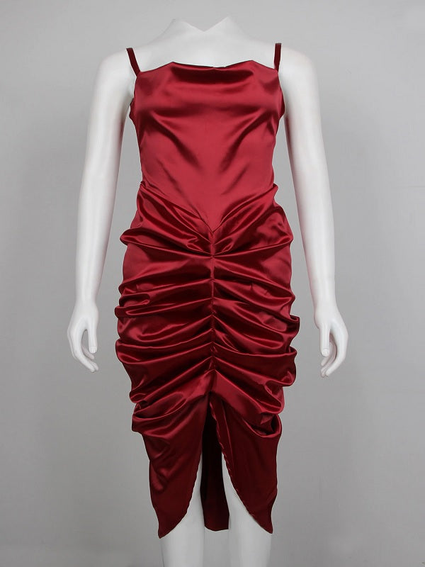 Spaghetti Strap Backless Draped Ruched Night Club Dress