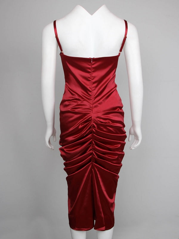 Spaghetti Strap Backless Draped Ruched Night Club Dress