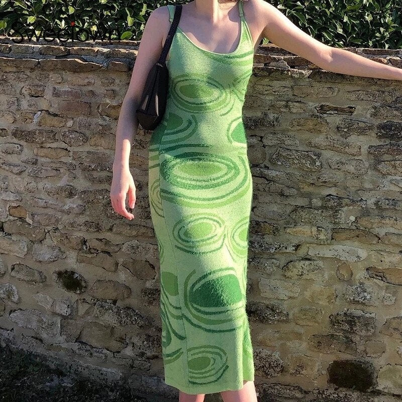Spaghetti Strap Knitted Hollow Out Skinny Midi Dress