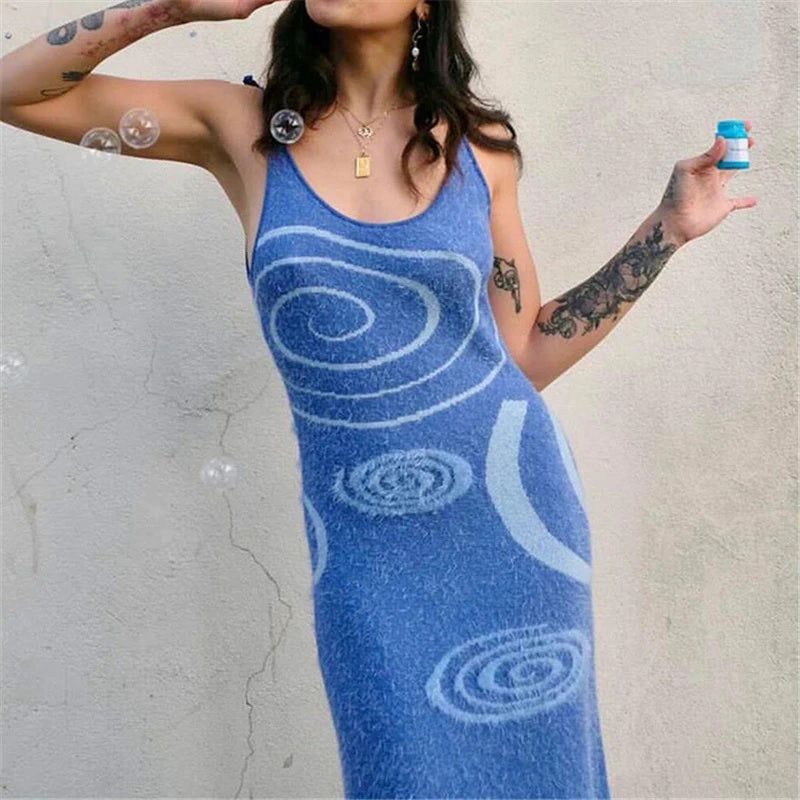 Spaghetti Strap Knitted Hollow Out Skinny Midi Dress