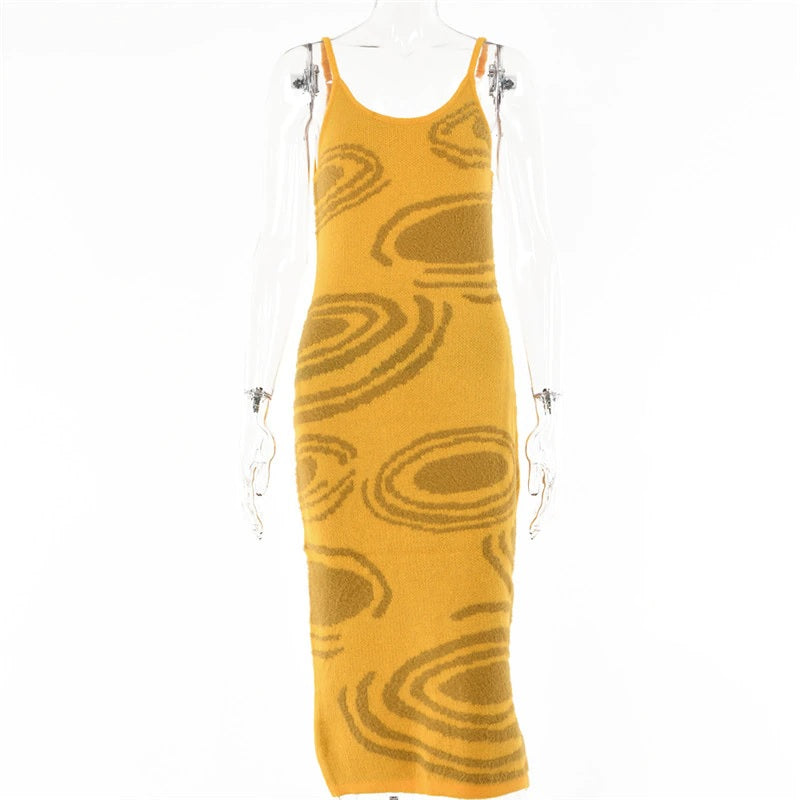 Spaghetti Strap Knitted Hollow Out Skinny Midi Dress