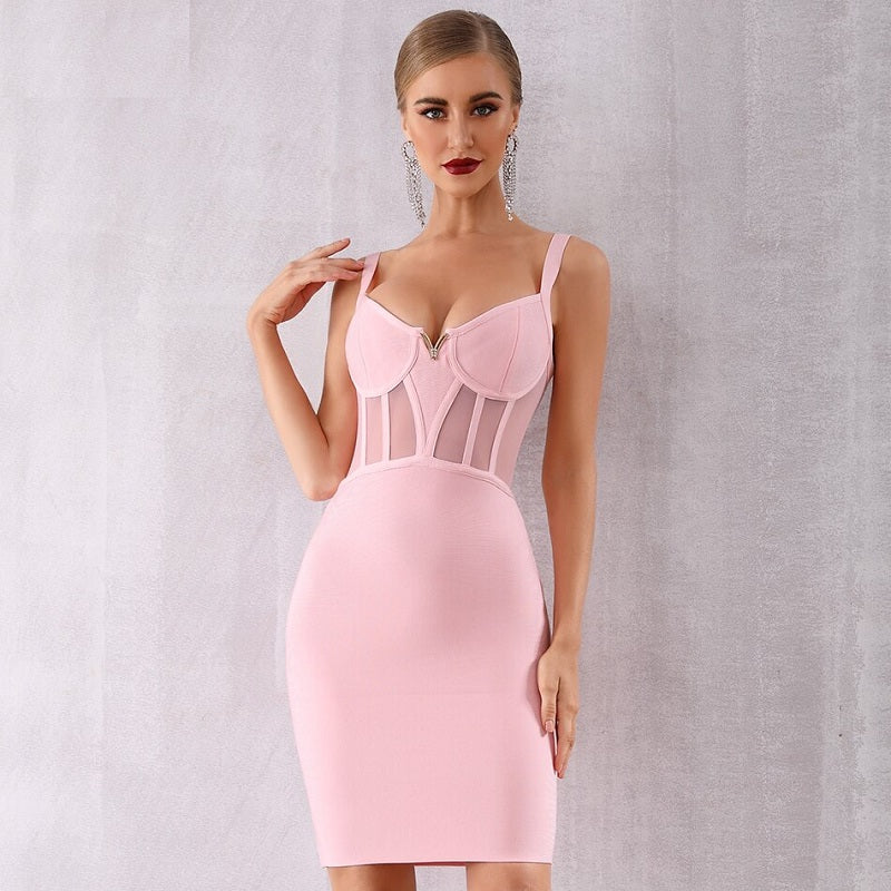 Casual Patchwork Spaghetti Strap V Neck Celebrity Bodycon Dress