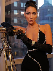 Spaghetti Strap V Neck Luxury Diamonds Midi Dress