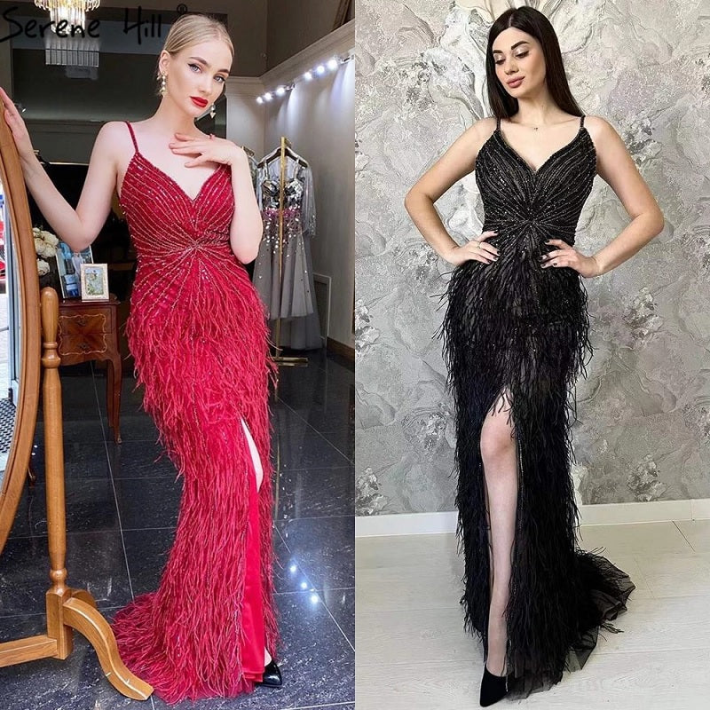 Split Feathers Beaded Mermaid Evening Dresse