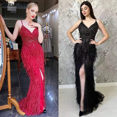 Split Feathers Beaded Mermaid Evening Dresse