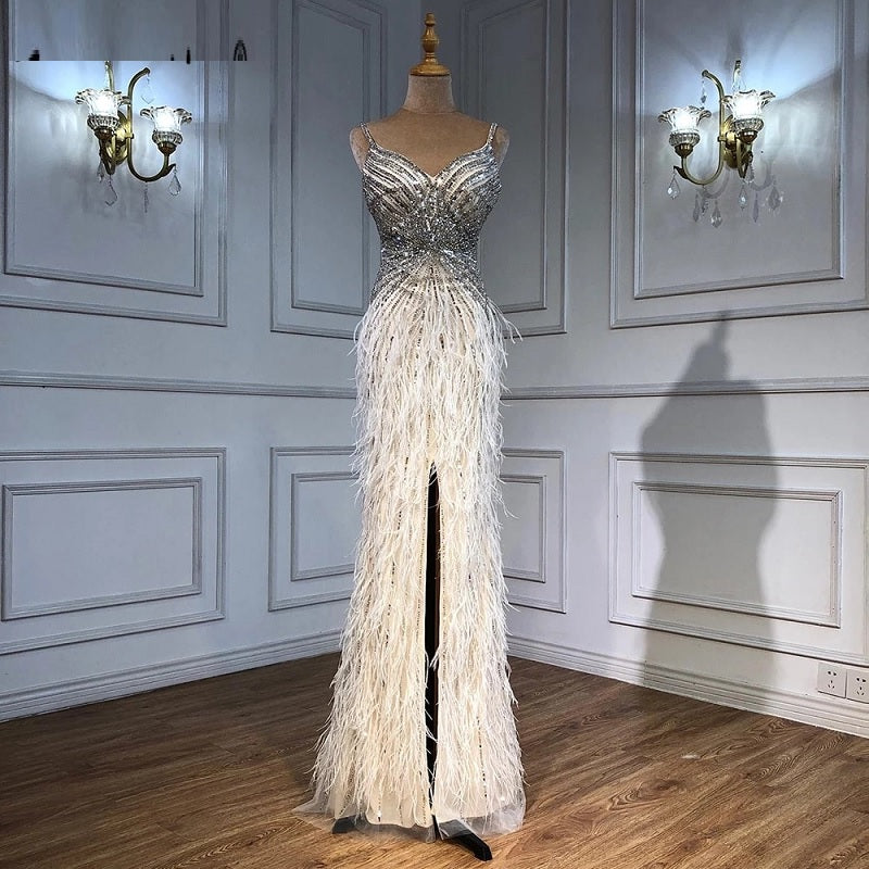 Split Feathers Beaded Mermaid Evening Dresse