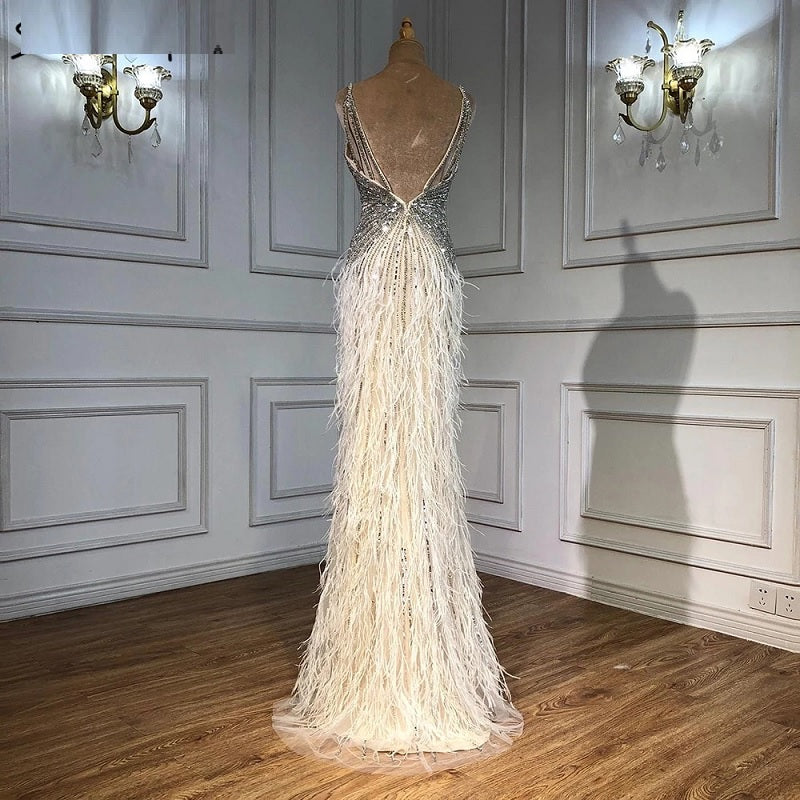 Split Feathers Beaded Mermaid Evening Dresse