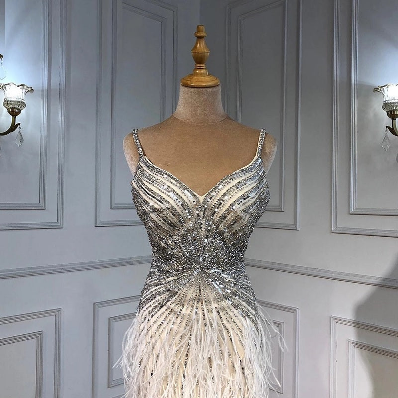 Split Feathers Beaded Mermaid Evening Dresse