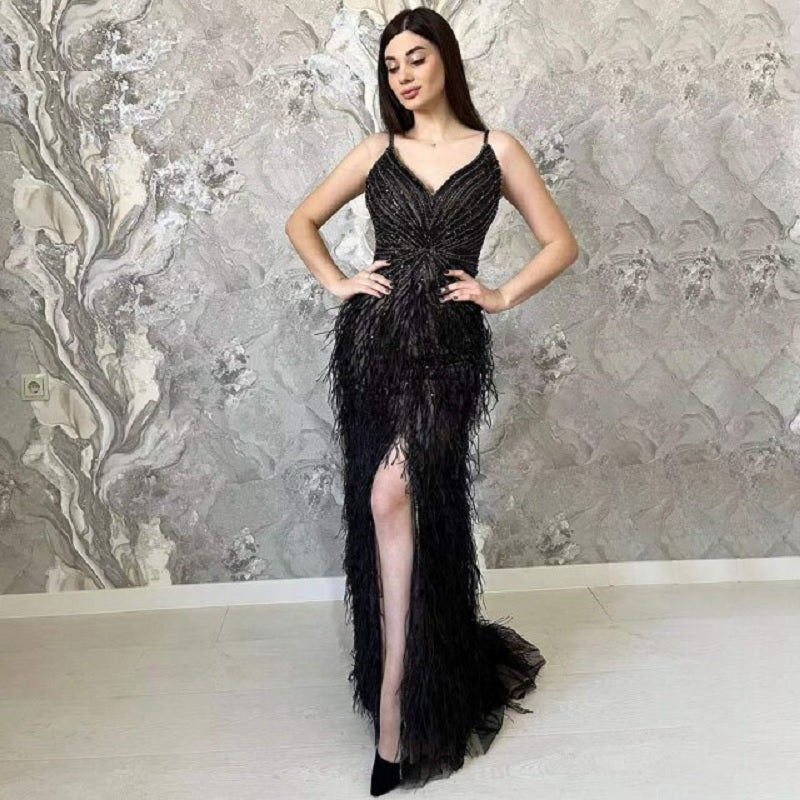 Split Feathers Beaded Mermaid Evening Dresse