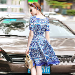 Square Collar Porcelain Print Holiday Party Dress