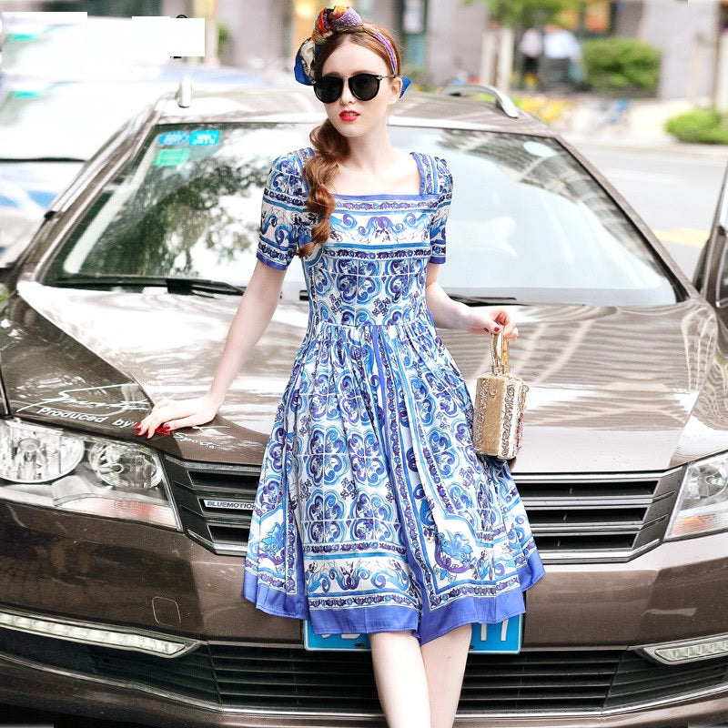 Square Collar Porcelain Print Holiday Party Dress