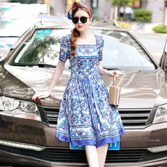 Square Collar Porcelain Print Holiday Party Dress