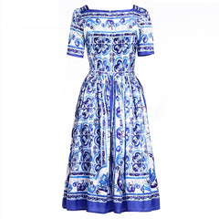 Square Collar Porcelain Print Holiday Party Dress