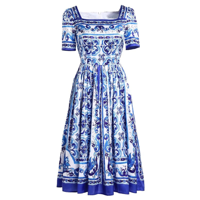 Square Collar Porcelain Print Holiday Party Dress