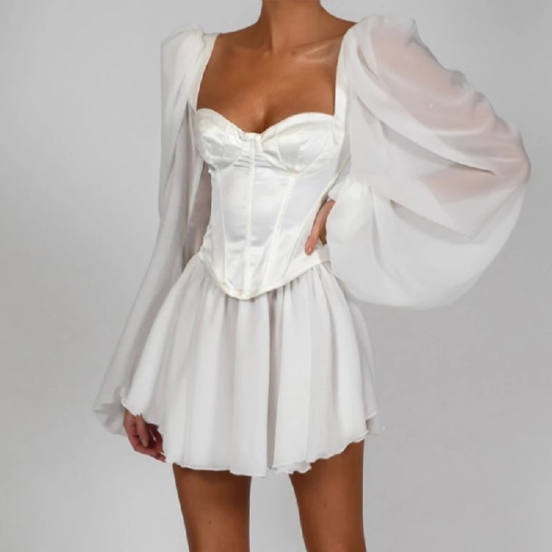 Square Collor Lantern Sleeve Party Club Mini Dress