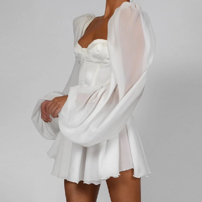 Square Collor Lantern Sleeve Party Club Mini Dress