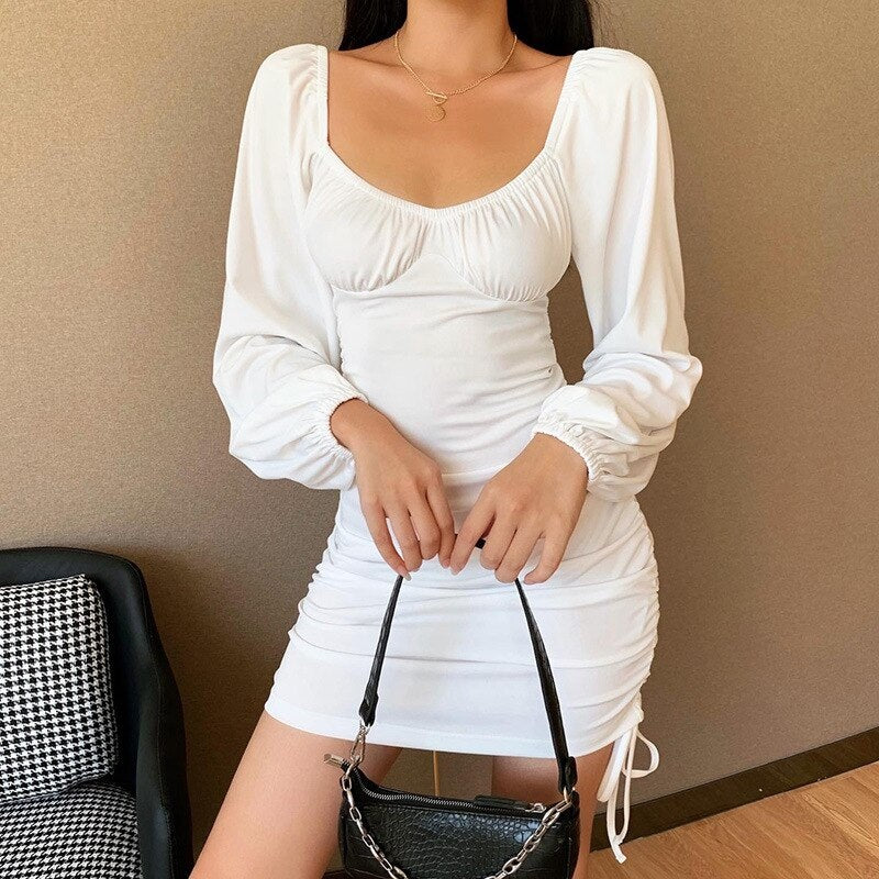Square Neck Lantern Sleeve Drawstring Bodycon Mini Dresses