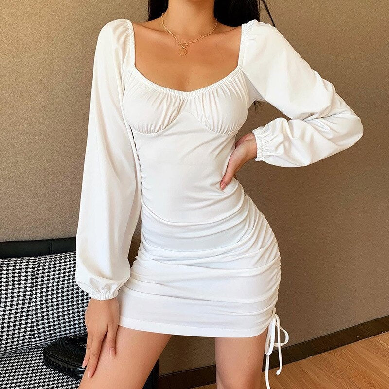 Square Neck Lantern Sleeve Drawstring Bodycon Mini Dresses