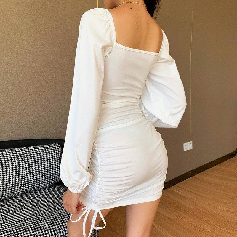 Square Neck Lantern Sleeve Drawstring Bodycon Mini Dresses