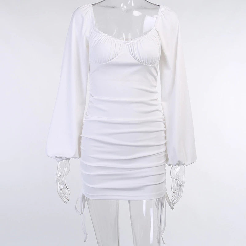 Square Neck Lantern Sleeve Drawstring Bodycon Mini Dresses