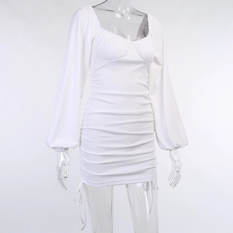 Square Neck Lantern Sleeve Drawstring Bodycon Mini Dresses