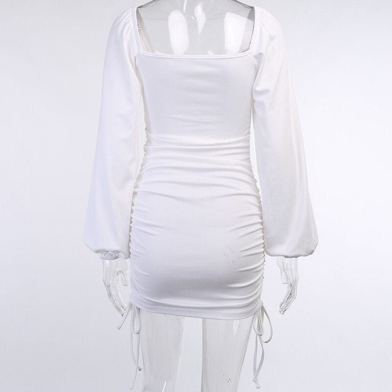 Square Neck Lantern Sleeve Drawstring Bodycon Mini Dresses
