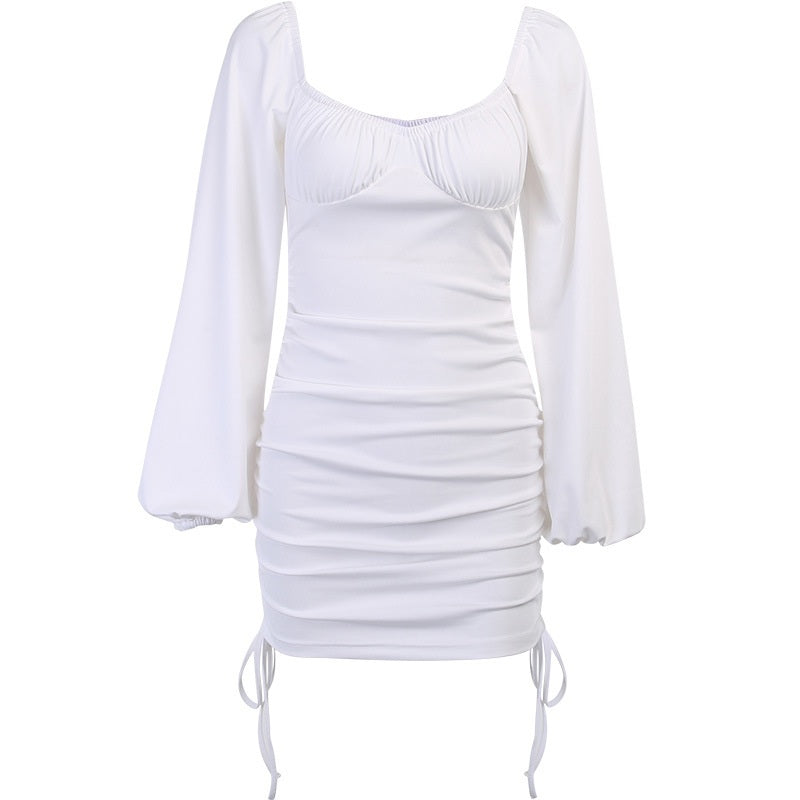 Square Neck Lantern Sleeve Drawstring Bodycon Mini Dresses